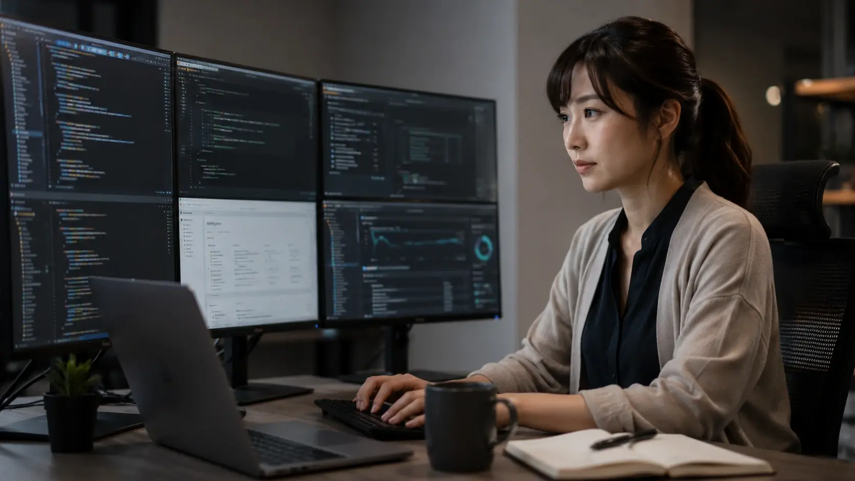 Japanese backend developer working with multiple monitors and code