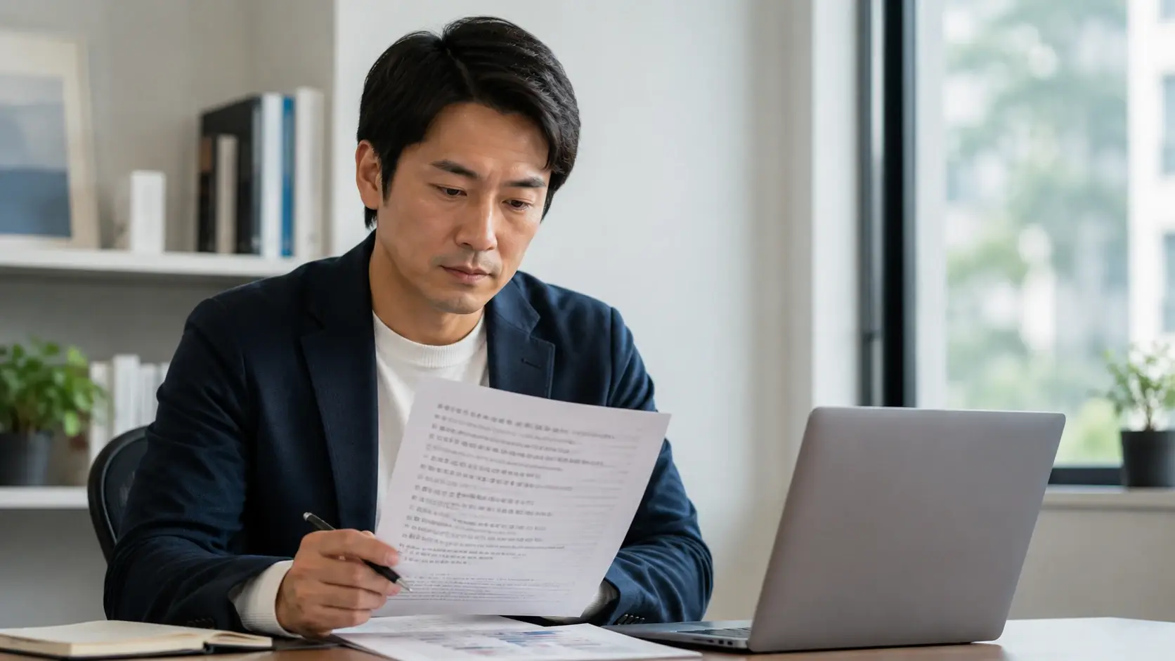 Japanese language specialist reviewing a written document carefully